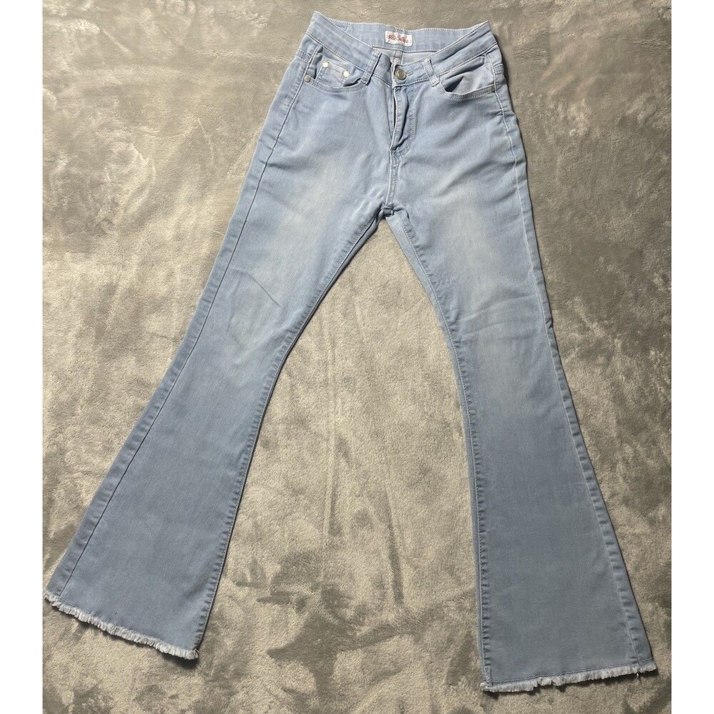 Y2K Red Bottoms High Rise Flare Jeans Light Wash Frayed Hem RB-10114LW Size 5/6
